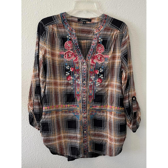 Calessa Top Womens Small Embroidered Floral Brown Plaid Mixed Boho Cottagecore - Picture 1 of 9